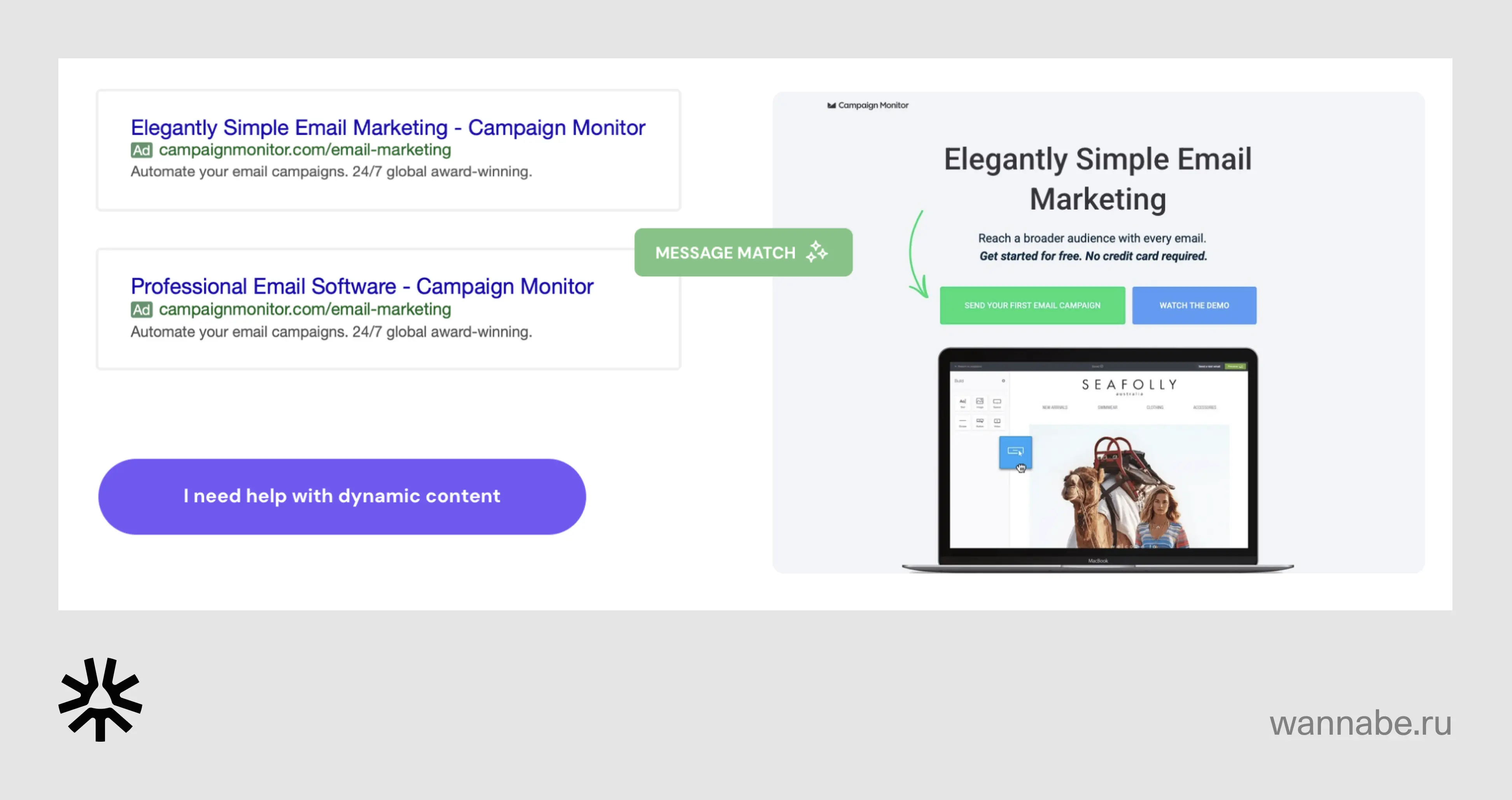 Динамическая замена текста для адаптации контента под каждое рекламное объявление. Первый вариант, если человек попадает на страницу из запроса про Elegantly Simple Email Marketing