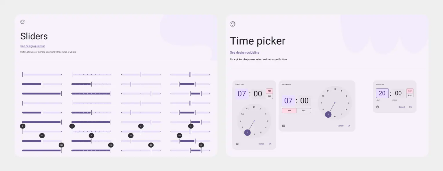 Слайдеры и таймпикер из UI-кита Material Design