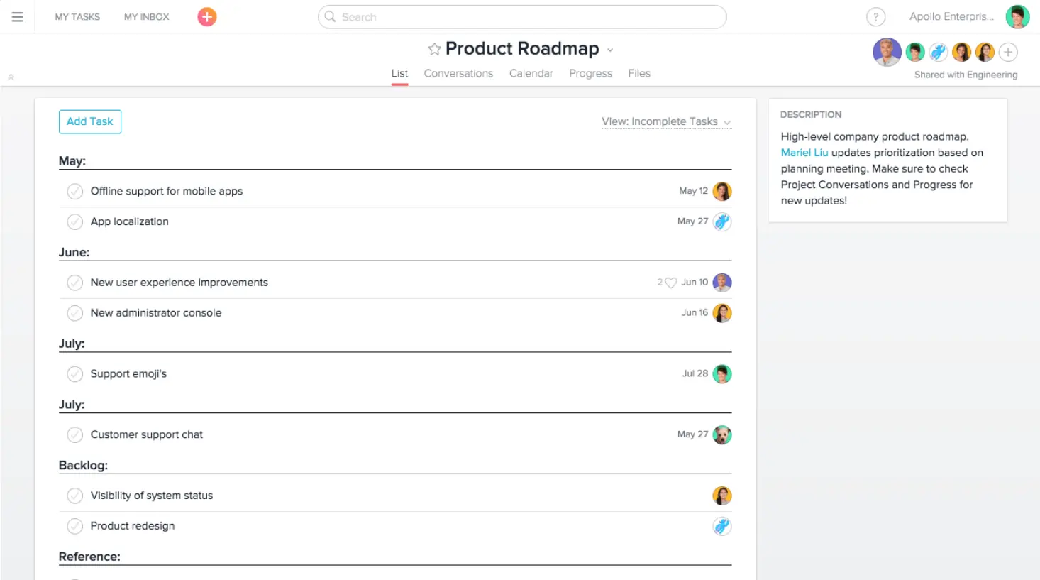 Пример роадмапа — asana.com