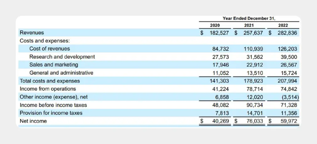 Пример P&L Google
